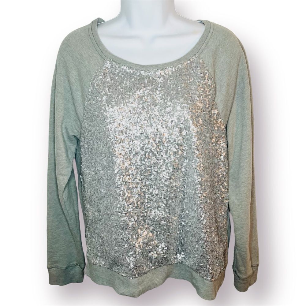 Apt 9 Long Sleeve Sequin Front Embellished Sweatshirt Grey S
